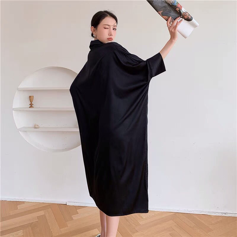 Spring New Black French High-End Niche Mid-Length Skirt Silk Shirt Loose Dress Women
