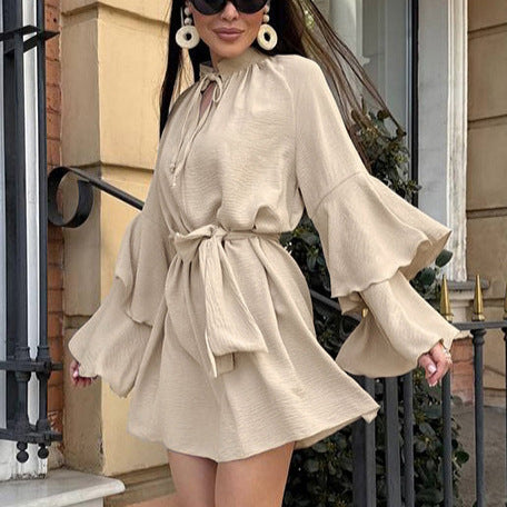 Women's Short Sleeve Ruffled Dress with Stand-up Collar Tie and Bow