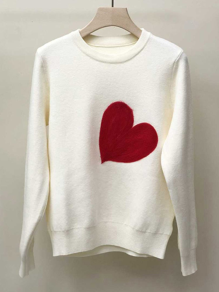 Valentine Sweater Minimalist | Women Knit Sweater Embroidery Red Heart O-Neck Simple Style Fall Spring Autumn Slim Pullover Harajuku