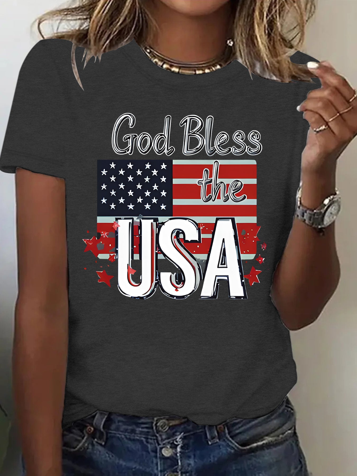 Short sleeved women's t-shirt with USA flag