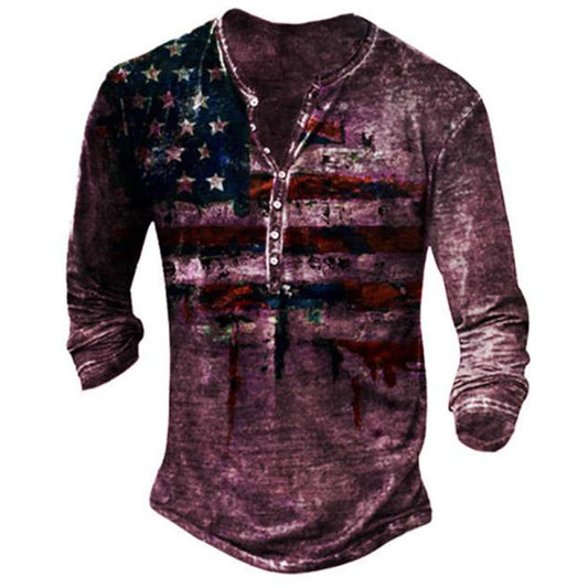 US Patriot, Various Blends, Trendy Pattern Henley Shirt Shirt Fashion New 3D Digital Printing Vintage Pattern Men's Long Sleeve T-Shirt Imitation Cotton