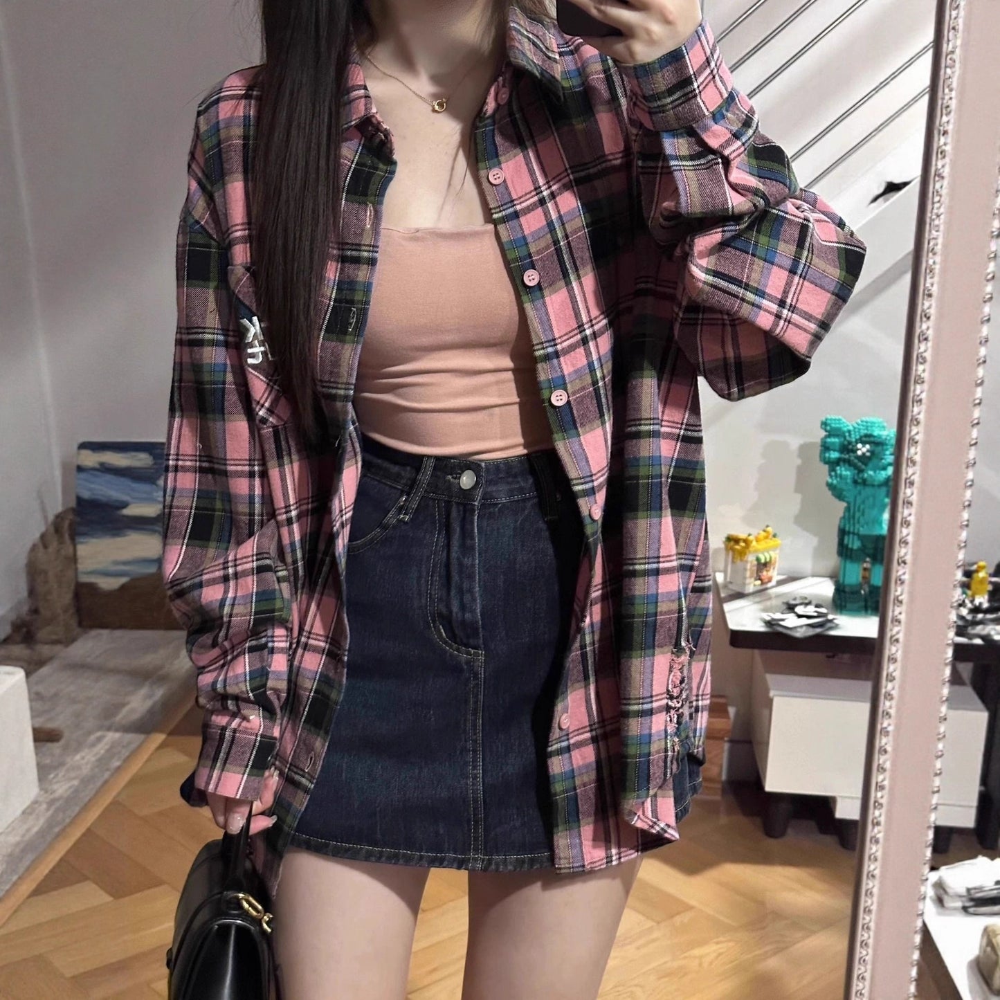 Embroidered Plaid Shirt Jacket Women's Loose Slim Fit Casual Long Sleeve Blouse