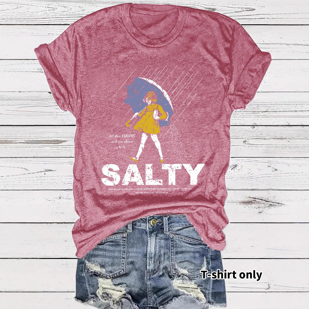 Salty Tshirt short sleeved salty emoji for girls holding umbrellas