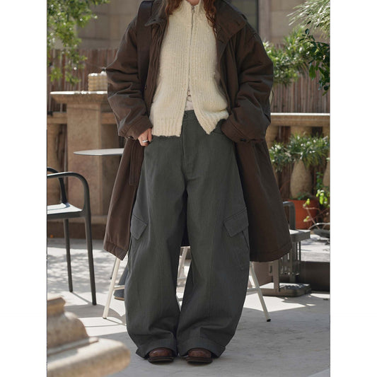 Fashion Workwear-Style Side Pocket Fleece Knife-Edge Casual Pants Relaxed Fit Long Pants for Women