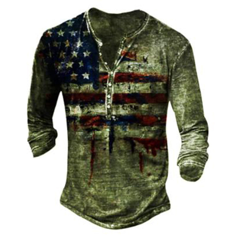 US Patriot, Various Blends, Trendy Pattern Henley Shirt Shirt Fashion New 3D Digital Printing Vintage Pattern Men's Long Sleeve T-Shirt Imitation Cotton