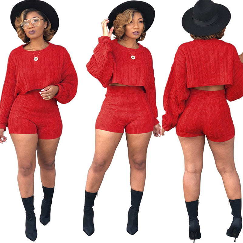 Trendy, Sexy Women Knitted Sweaters Two Piece Set O Neck Long Sleeve Loose Crop Top High Waist Shorts