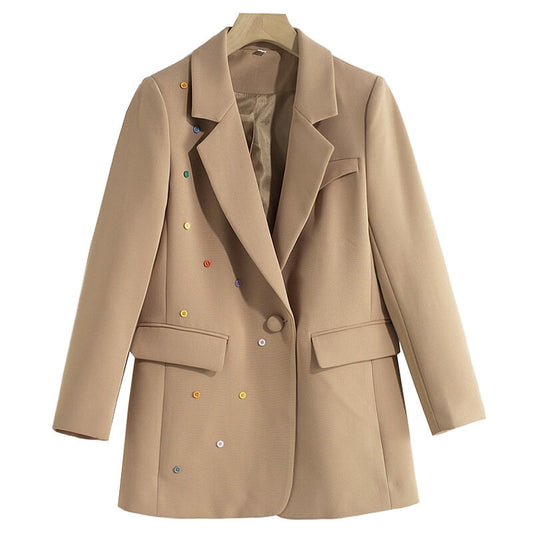 Fashion Women's Blazer Colorful Buttons Notched Collar Long Sleeve Loose Camel Suit Jackets Female Autumn Women’s Work Blazer Business Blazer