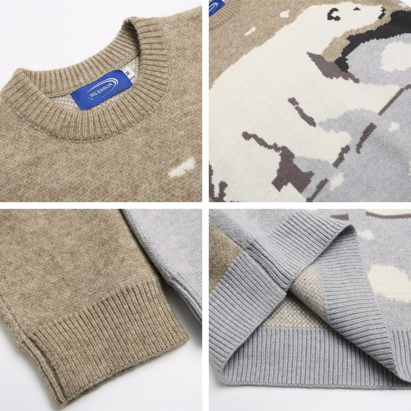 Retro Color Block Polar Bear Jacquard Crew  Sweater Unisex Loose Lazy Couple Knit Top
