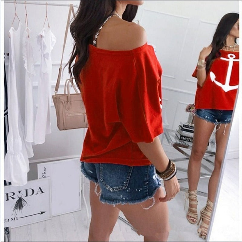 Sailor Anchor Shirt | Loose One Shoulder Bat Shirt Printed T shirt for Women