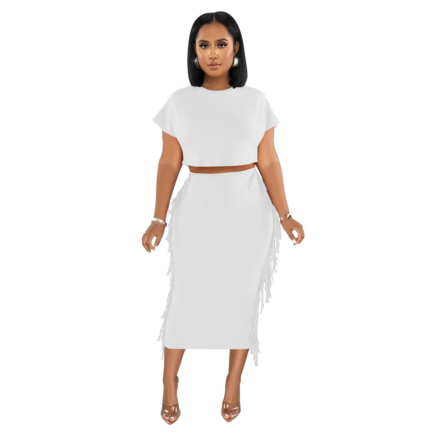 Wilhima Women’s Skirt Set FashionableStyle Solid Color Fringe Round Neck Short Sleeve Long Dress Two-Piece Set