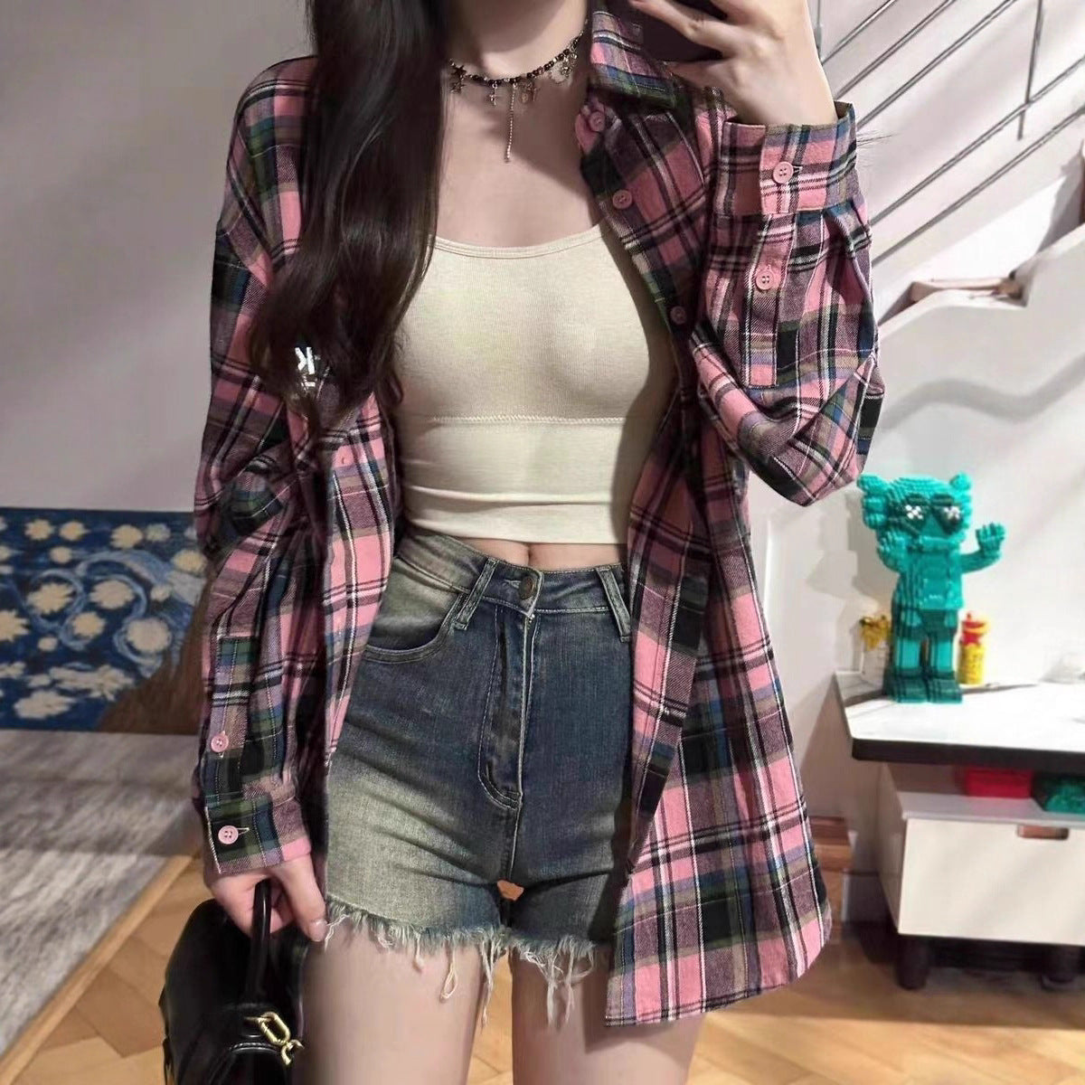 Embroidered Plaid Shirt Jacket Women's Loose Slim Fit Casual Long Sleeve Blouse