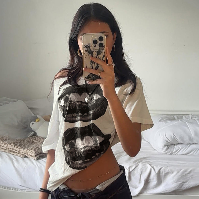 Hip-Hop Style Mouth Print Oblique Collar Short Sleeve Spicy Girl Street Sexy Shoulder-Exposing Casual Versatile Loose Women's T-Shirt