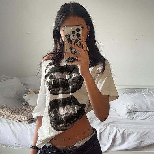 Hip-Hop Style Mouth Print Oblique Collar Short Sleeve Spicy Girl Street Sexy Shoulder-Exposing Casual Versatile Loose Women's T-Shirt