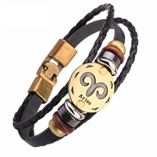 Zodiac Bracelet | 12 Horoscope Leather | Bracelet Men Jewelry Vintage Retro Charm Bracelet Male Jewelry 8.2