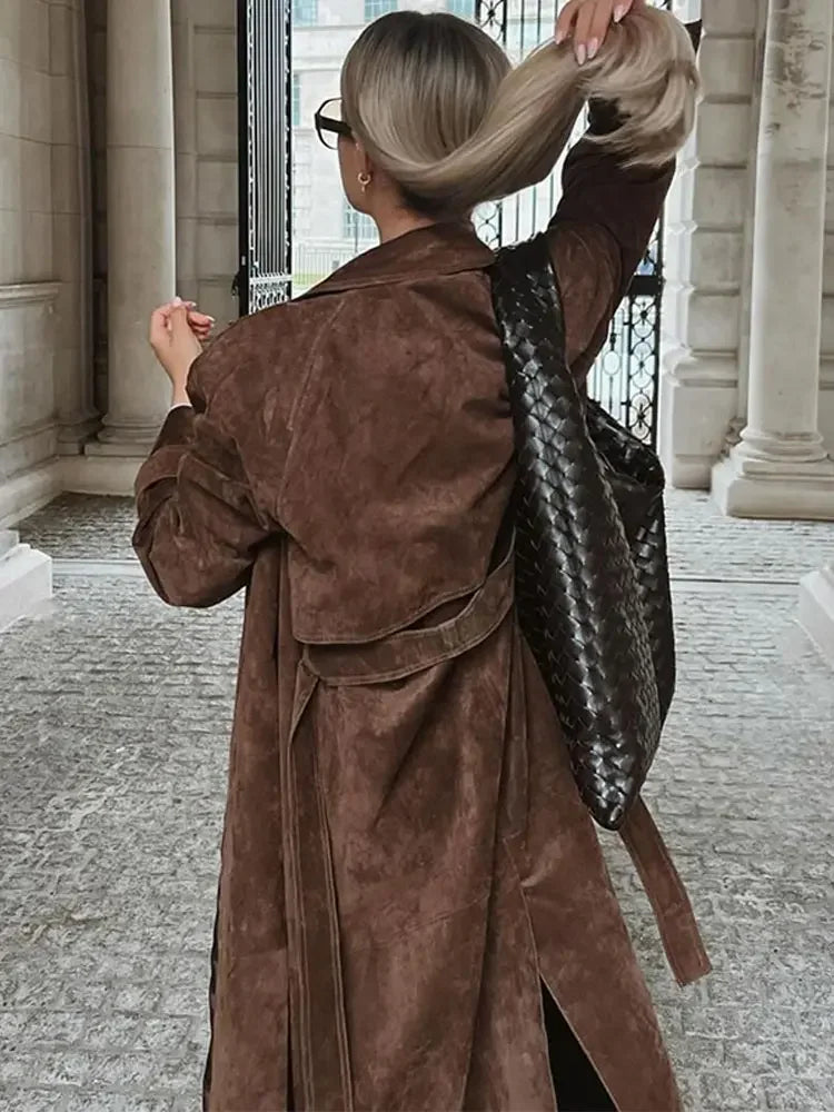 Bianca Brown lace up waist cinching long jacket