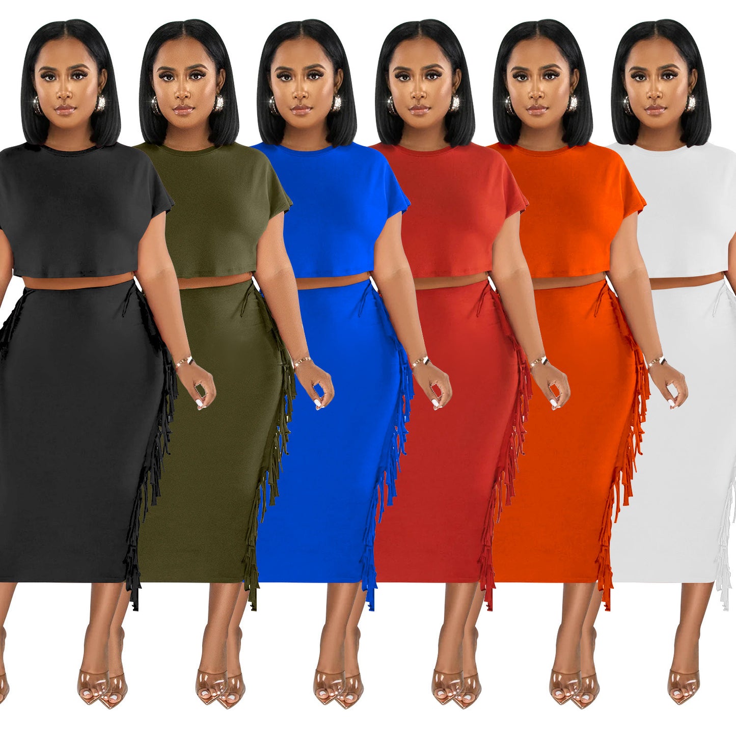 Wilhima Women’s Skirt Set FashionableStyle Solid Color Fringe Round Neck Short Sleeve Long Dress Two-Piece Set