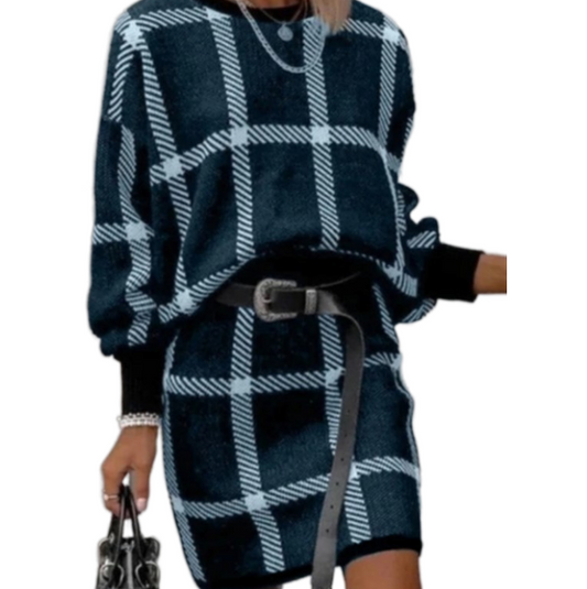 Pixie Set | Plaid Trendy Skirt Set | Round necked plaid pullover long sleeved woolen short skirt set of two pieces