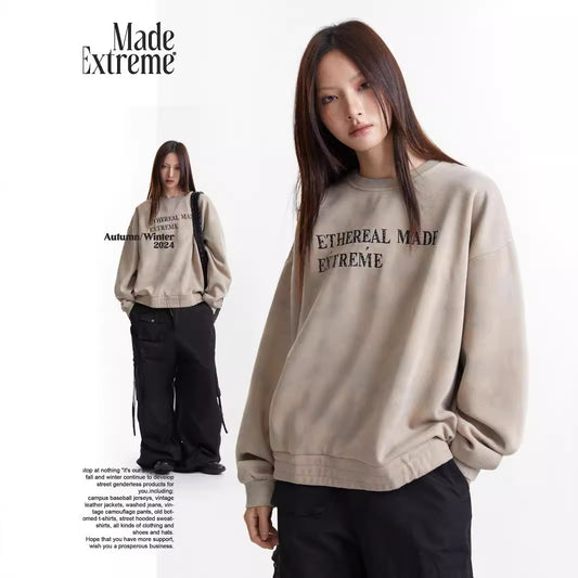 Vintage Washed Patchwork Letter Hoodie – Retro Embroidered Oversized Sweatshirt for Men & Women | Autumn Winter Warm Cotton Blend Pullover Washed Vintage Letter Patchwork Embroidered Autumn Winter Hoodie Top for Men and Women