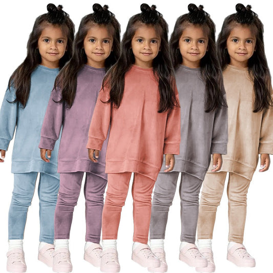 Lillies Casual Kid Outfit | Children's Clothes Autumn And Winter New Suit Girl Baby Clothes Children's Casual Gold Velvet Two-Piece Set