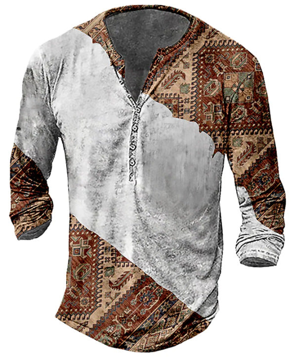 US Patriot, Various Blends, Trendy Pattern Henley Shirt Shirt Fashion New 3D Digital Printing Vintage Pattern Men's Long Sleeve T-Shirt Imitation Cotton