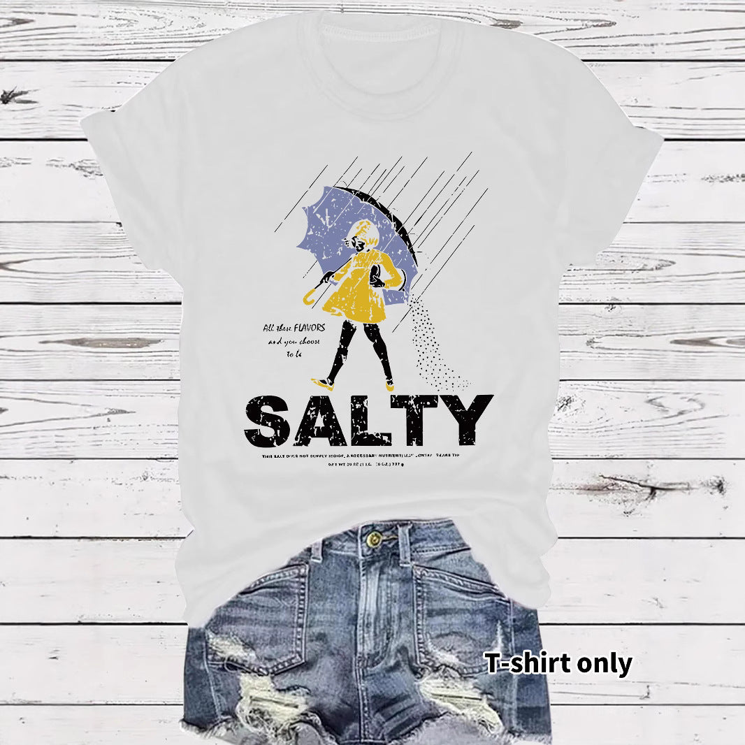 Salty Tshirt short sleeved salty emoji for girls holding umbrellas