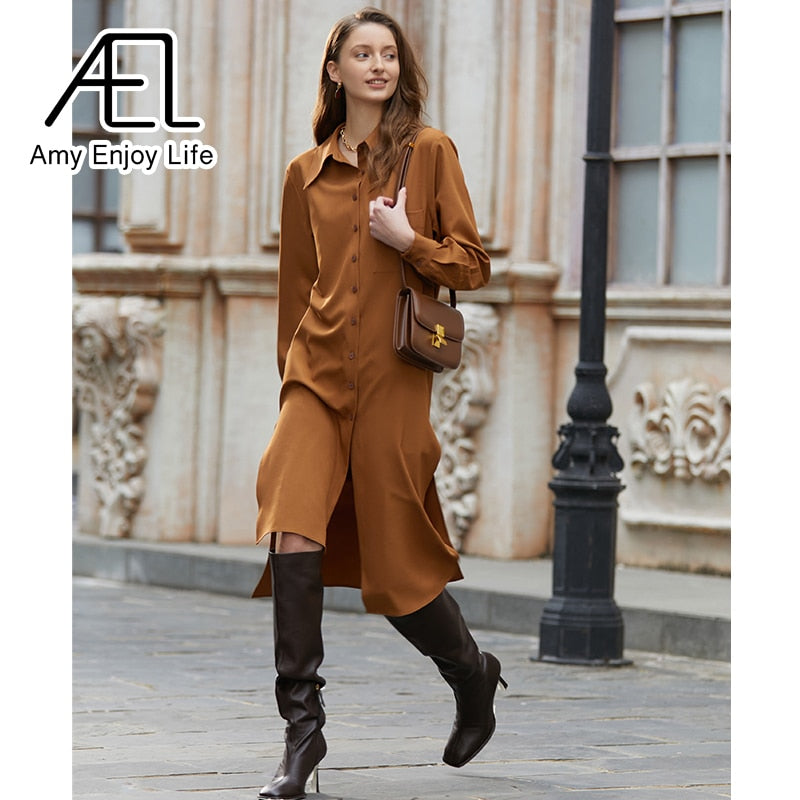 The Abbigayle Dress | AEL Elegant Women Autumn Lapel Neck Long Shirt Dress Asymmetry Robe Femme Streetwear Beautiful Stoic Dress