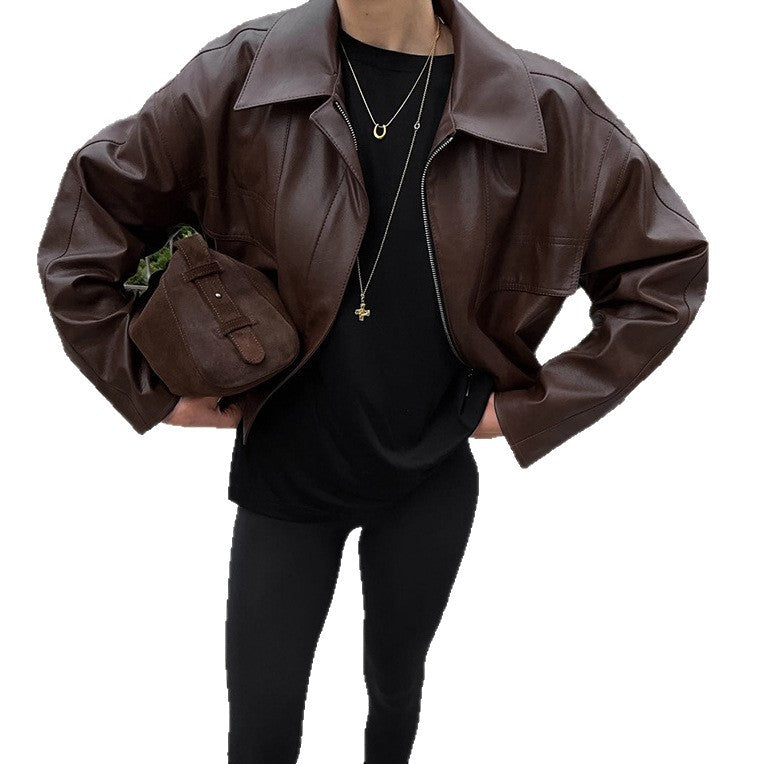Versatile loose short pilot retro motorcycle style leather jacket for women