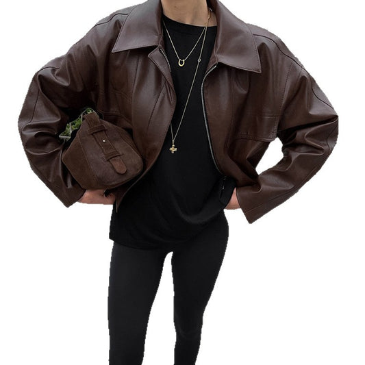 Versatile loose short pilot retro motorcycle style leather jacket for women