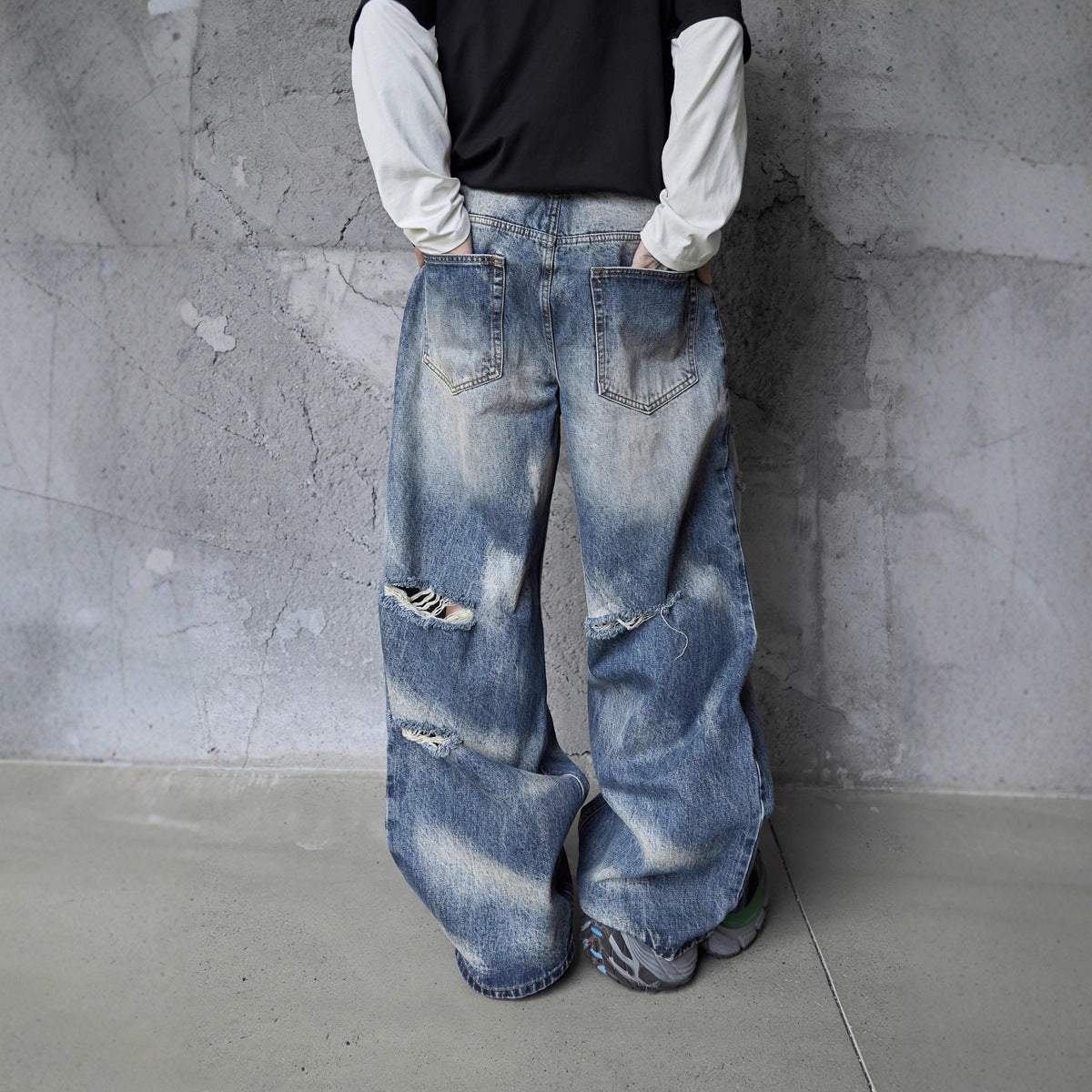 Vintage Personality Design Ripped Streetwear Loose Fit Jeans Men Hip Hop Distressed Wide Leg Long Pants