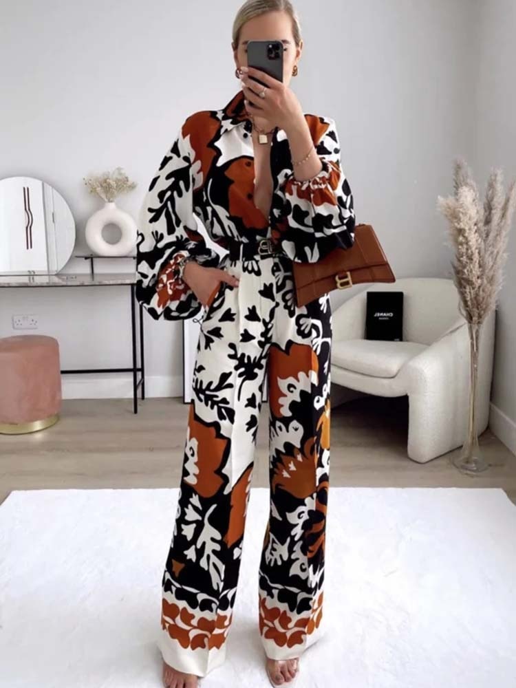 Mighty Lifestyle Exotic Print Pant Set | Women’s Two-Piece Chiffon Fashion Set | Printed Shirt & Long Sleeve Cardigan