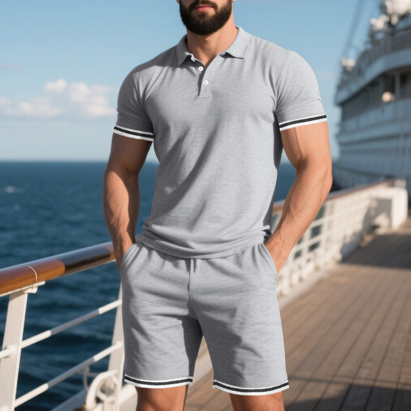 Sleeves and shorts two-piece set, lapel buckle sports and leisure suit for men