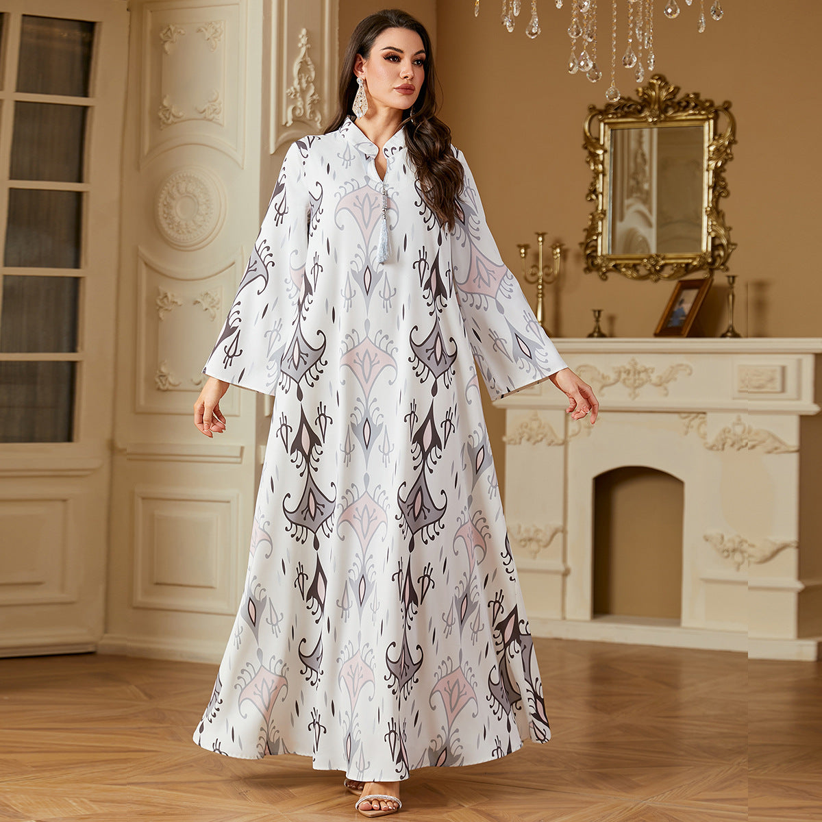 Classy Moo Moo Lounge Kaftan for Women – Loose Sleep Dress, Long Robe House Dress, Boho Ethnic Tribal Print MuuMuu – Comfortable Relaxed Fit Long Sleeve Maxi Dress