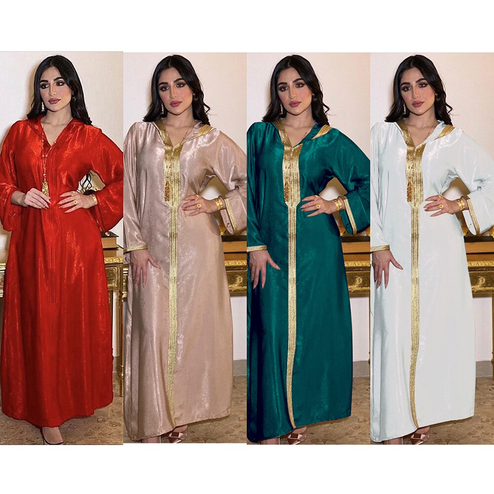 Moo Moo Dress Abaya Jalabiya Hooded Maxi  Dress Long Sleeve  Islam Muslim Women Robe Champagne White Green