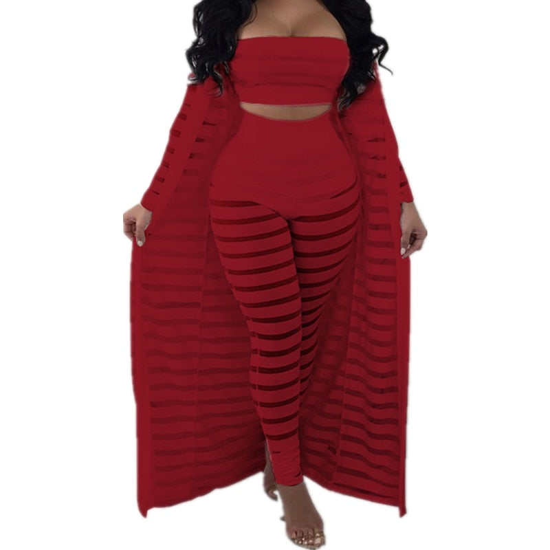 Summer Tracksuit Hollow Out Stripe Overalls Sexy Women's Set Three Pieces Suits Jumpsuit Casual Nightclub Wear BBW