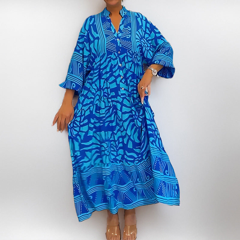 Luxury Oversized African Moo Moo Dress for Women – Printed Loose Kaftan Maxi Dress with V-Neck & 3/4 Sleeves | Comfortable Everyday Chic Comfortable Moo Moo Commuting fashion women's printed loose oversized dress for women Farasha Dress