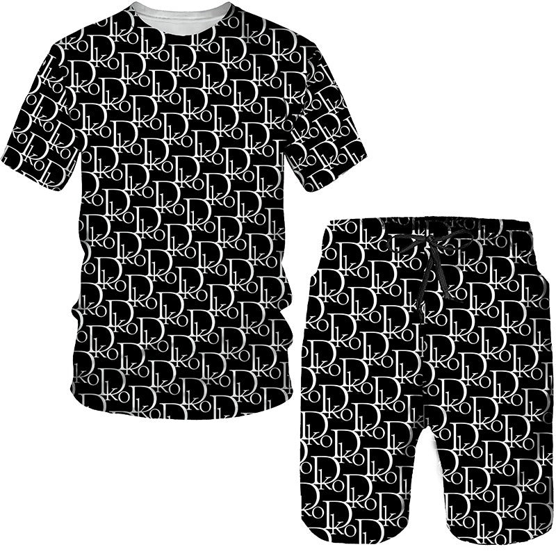 Alexander Printed Two-Piece Set – Round Neck Short Sleeve T-Shirt and Shorts with 3D Graphic Prints Printed men's round neck short sleeved casual T-shirt set for men