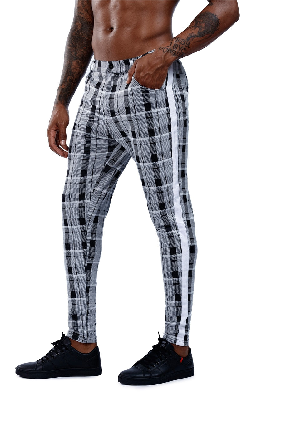 Malachi Men’s Plaid Slim-Fit Pants – Elastic Waist Skinny Dress Trousers for Streetwear & Casual Outfits Plaid Pants Men Elastic Male Skinny Trousers Bottom Tight Male Pant Streetwear Sweatpants Casual Joggers Men Pants