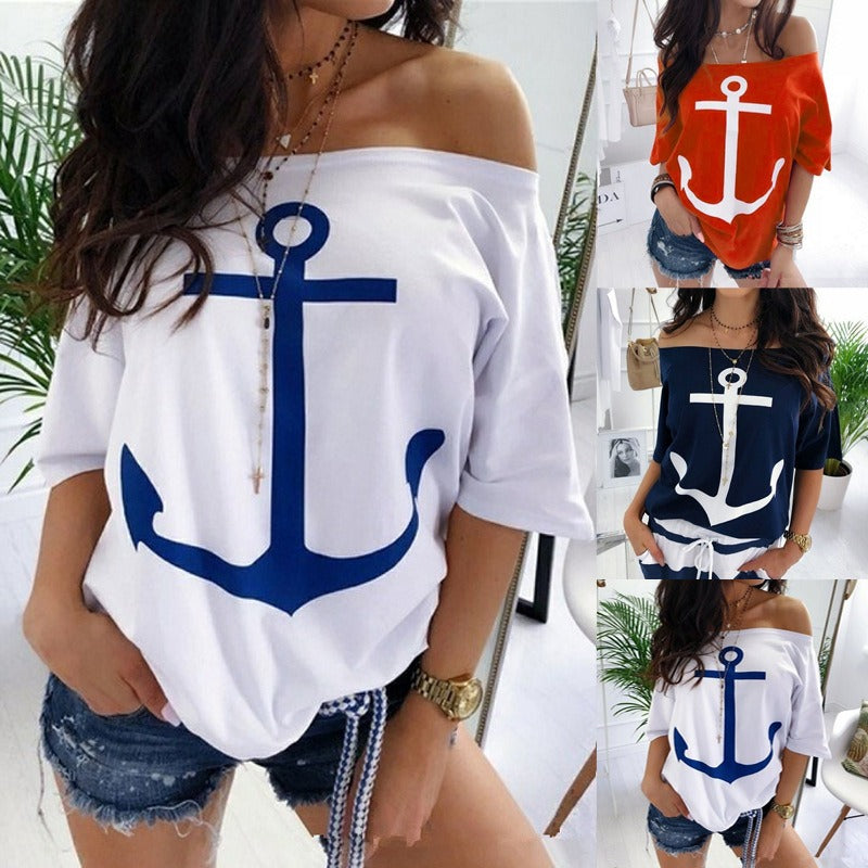 Sailor Anchor Shirt | Loose One Shoulder Bat Shirt Printed T shirt for Women