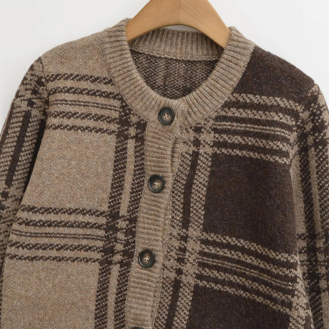 Style Retro Checkered Knit Cardigan Coat for Women, Round Neck, Single Button, Short Length, Thickened Sweater