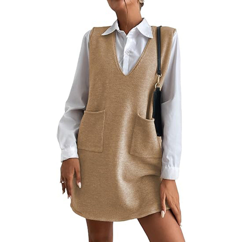 Knitted Medium Long Double Sided Vest Skirt Autumn/Winter  Solid Color Sleeveless Versatile Dress