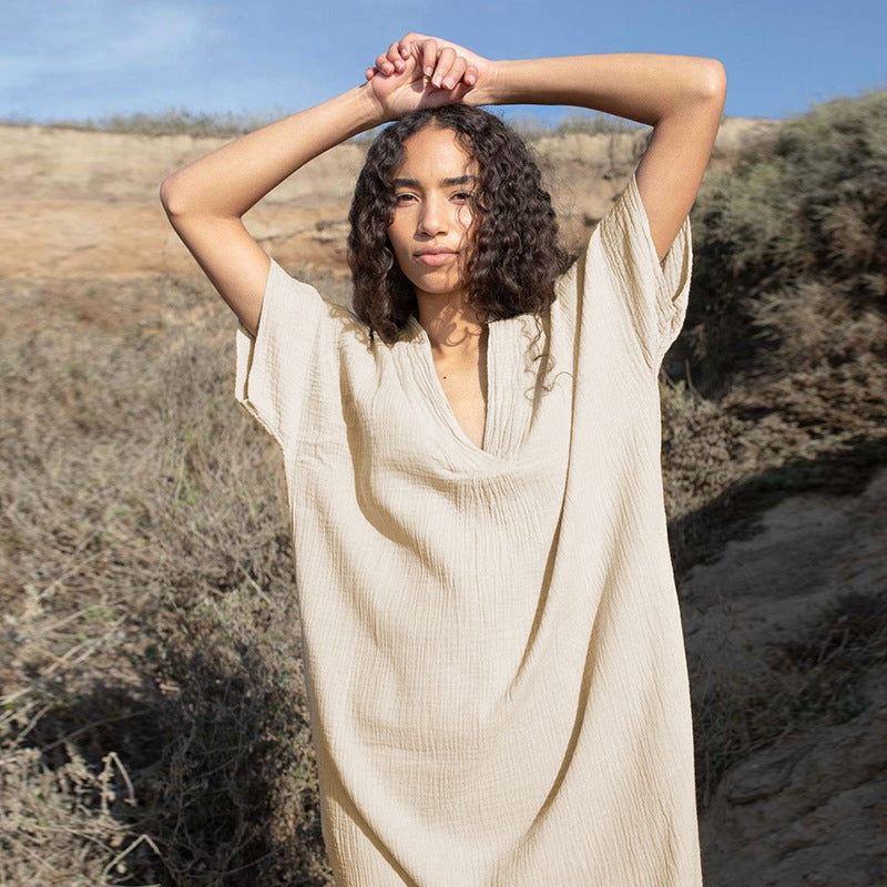 Women’s Pure Cotton Gauze Lounge Dress – Minimalist Loose Fit Moo Moo House Dress, Short Sleeve V-Neck A-Line Sleep Dress, Neutral Color Comfortable Style