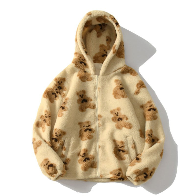Women’s Teddy Bear Plush Hoodie – Cozy Thickened Winter Zip-Up Sweatshirt with Pockets | Soft Cartoon Bear Print Fleece Jacket | Viral Aesthetic Fall Sweater