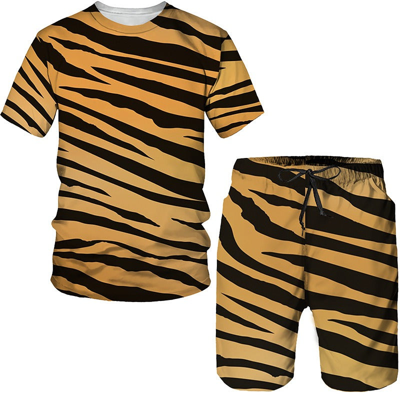 Alexander Printed Two-Piece Set – Round Neck Short Sleeve T-Shirt and Shorts with 3D Graphic Prints Printed men's round neck short sleeved casual T-shirt set for men