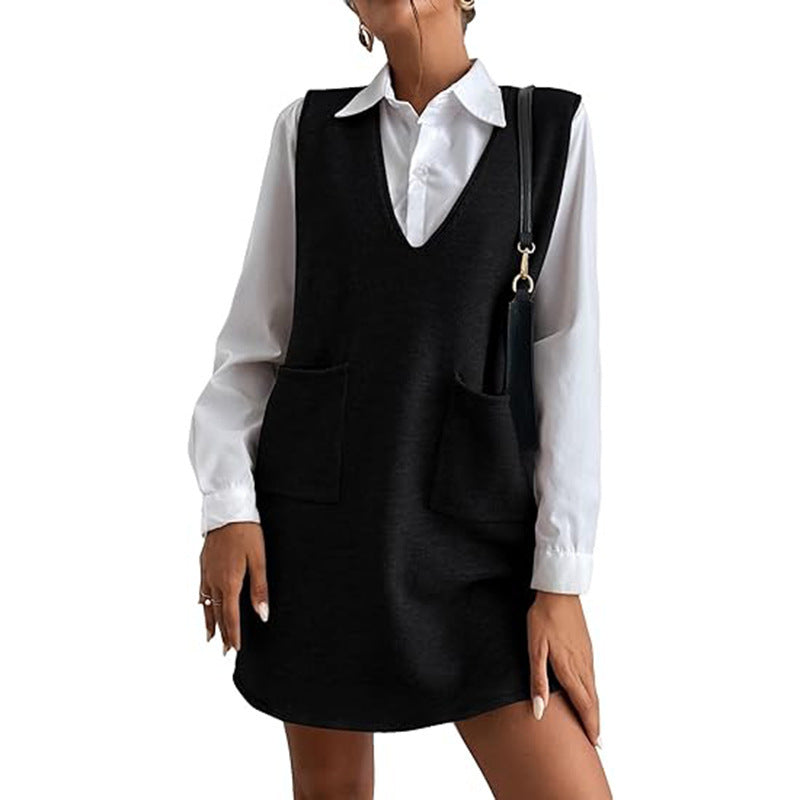 Knitted Medium Long Double Sided Vest Skirt Autumn/Winter  Solid Color Sleeveless Versatile Dress