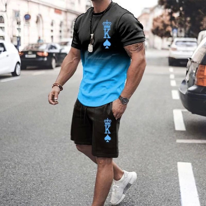Colby Men’s 3D Printed Two-Piece Set – Short Sleeve Round Neck Shirt and Shorts for Streetwear, Gym, and Casual Style | 3D printed men's round neck short sleeved casual T-shirt set for men
