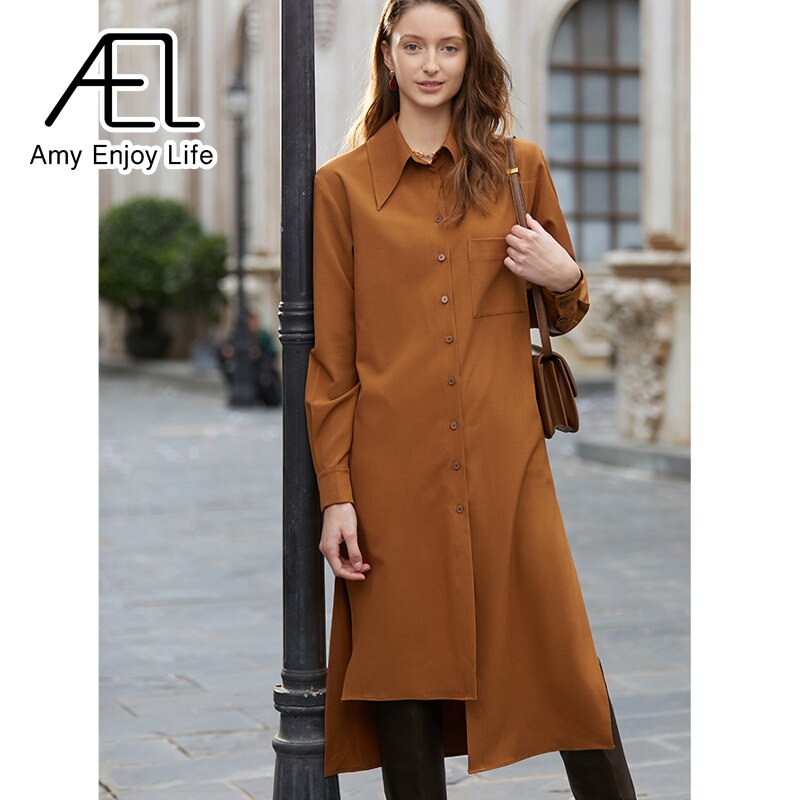 The Abbigayle Dress | AEL Elegant Women Autumn Lapel Neck Long Shirt Dress Asymmetry Robe Femme Streetwear Beautiful Stoic Dress