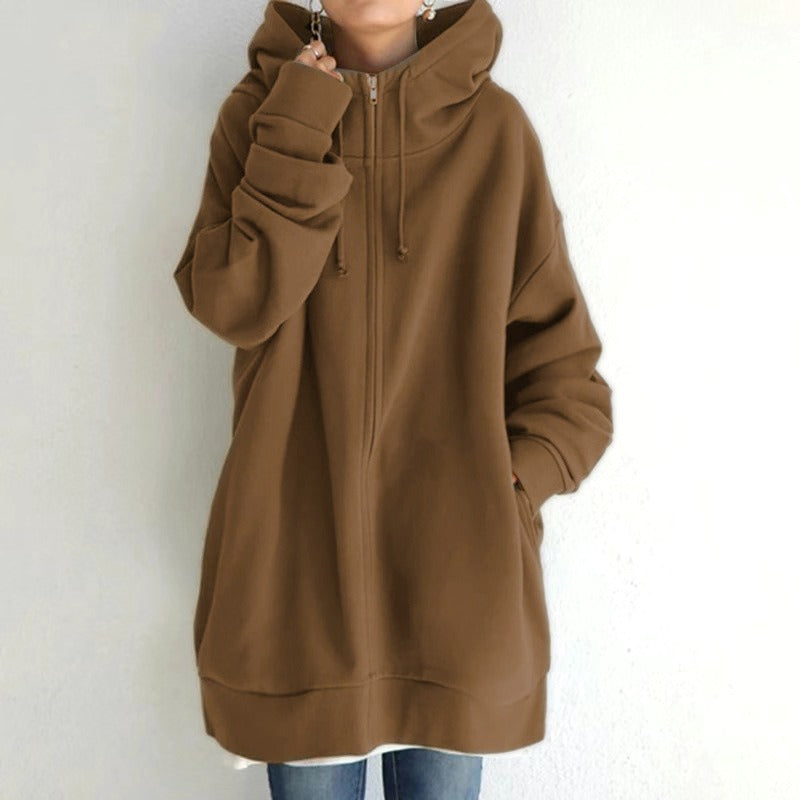Street Style Plush Zip-Up Hoodie – Long Sleeve Solid Color Cardigan for Autumn & Winter, European and American Fashion Autumn and Winter New Personalized Street Sweater Zipper Hooded Long Plush Sweater