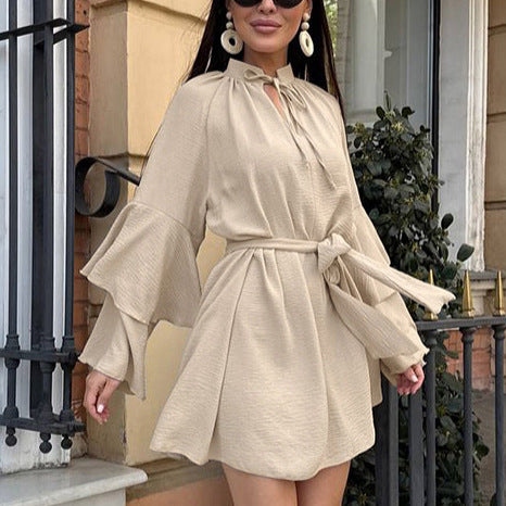 Women's Short Sleeve Ruffled Dress with Stand-up Collar Tie and Bow