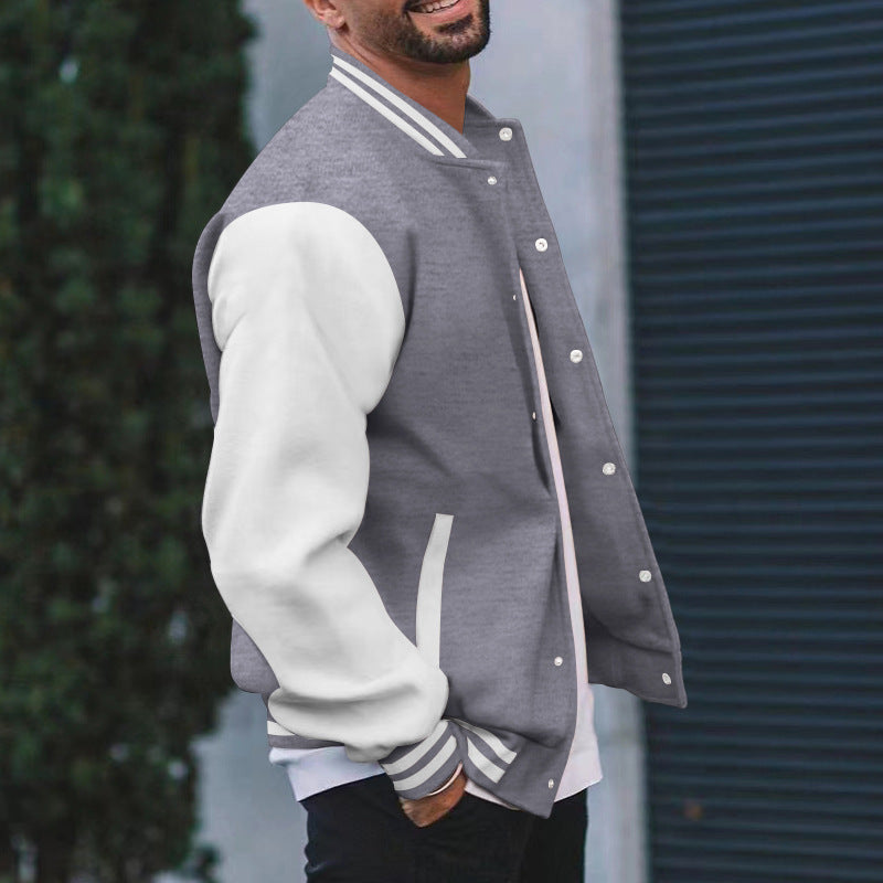 Baseball Jacket Men's Flight Jacket Spring and Autumn Fleece Classic Loose Casual Knit Stand Collar Button Baseball