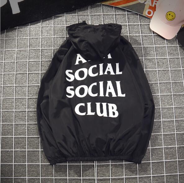 AntiSocial Social Club Unisex Casual Hooded Windbreaker Jacket – Lightweight Zip-Up Streetwear Coat with Lapel Collar, Letter Print, Pockets – Black Spring Fall Outerwear for Travel, Sports, Daily Wear